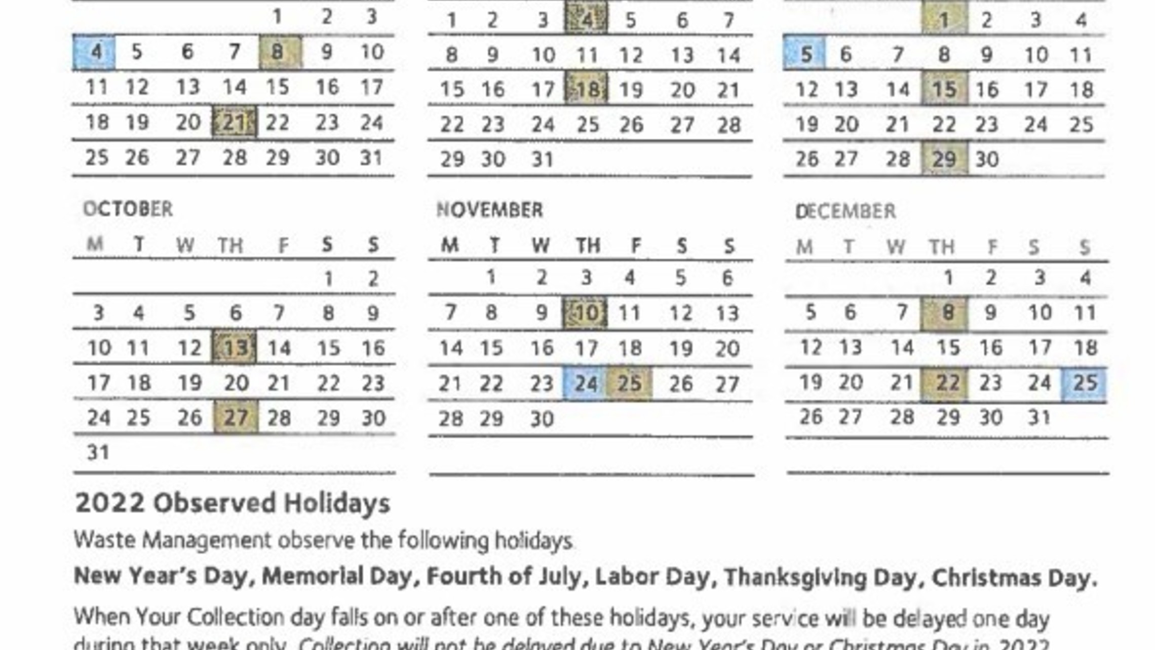 2022 Waste Mgt Calendar